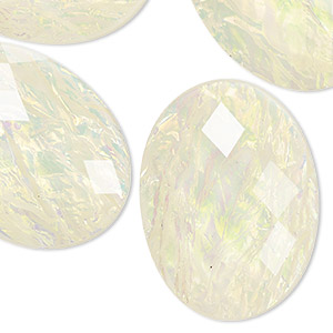 Cabochon, glass, transparent clear, 40x30mm calibrated faceted oval. Sold  individually. - Fire Mountain Gems and Beads