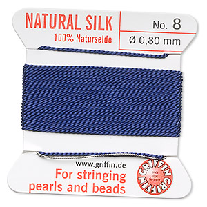 Thread, silk, dark blue, size #8. Sold per 2-yard card.