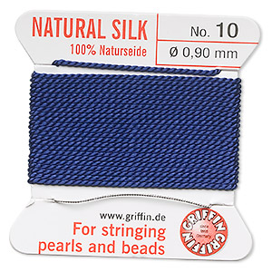 Thread, silk, dark blue, size #10. Sold per 2-yard card.
