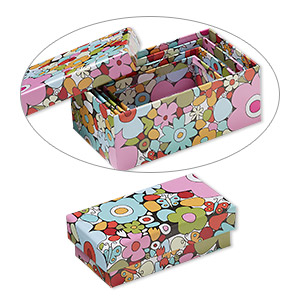 Nesting box, acid-free paper and cardboard, multicolored, 3-1/2 x 2 x 1-1/4 to 5-1/4 x 3-1/4 x 2-inch rectangle with flower and butterfly design. Sold per 4-box set.