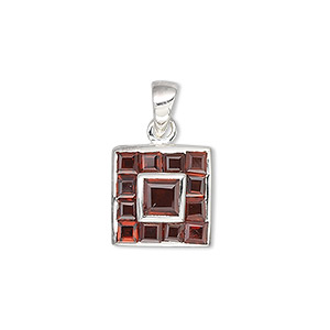Pendant, sterling silver and garnet (natural), 2mm and 4mm faceted squares, 13x13mm square. Sold individually.