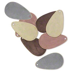 Focal, brass, assorted earth-tone patina, assorted Pantone&reg; colors, 34x20mm double-sided teardrop. Sold per pkg of 8.