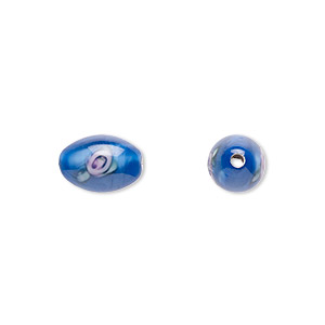 Bead, Czech lampworked glass, opaque blue / pink / green, 9x6mm-10x7mm oval with flower design. Sold per pkg of 4.