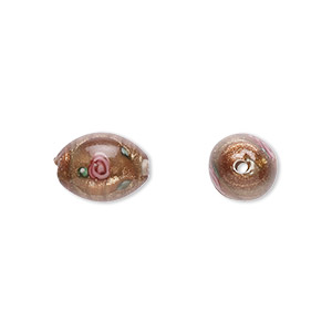 Bead, Czech lampworked glass, opaque brown / pink / green, 9x6mm-10x7mm olive with flower design. Sold per pkg of 4.