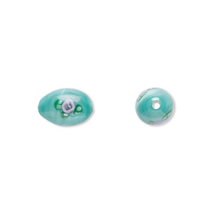 Bead, Czech lampworked glass, opaque green and pink, 9x6mm-10x7mm olive with flower design. Sold per pkg of 4.