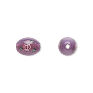 Bead, Czech lampworked glass, opaque purple / pink / green, 9x6mm-10x7mm olive with flower design. Sold per pkg of 4.