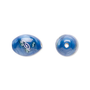 Bead, Czech lampworked glass, opaque blue / pink / green, 12x8mm-13x9mm olive with flower design. Sold per pkg of 4.