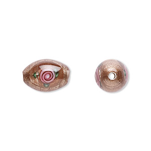 Bead, Czech lampworked glass, opaque brown / pink / green, 12x8mm-13x9mm olive with flower design. Sold per pkg of 4.