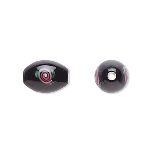 Bead, Czech lampworked glass, opaque black / pink / green, 12x8mm-13x9mm olive with flower design. Sold per pkg of 4.