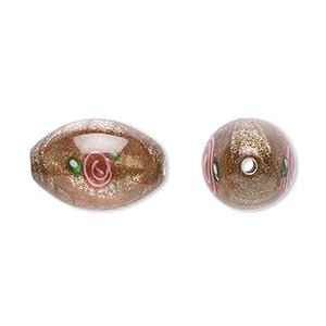 Bead, Czech lampworked glass, opaque brown / pink / green, 15x10mm-16x11mm olive with flower design. Sold per pkg of 2.