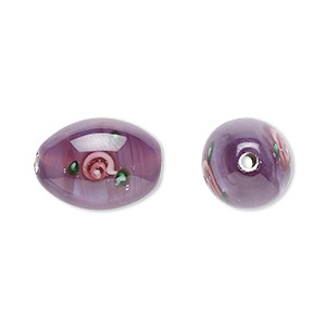 Bead, Czech lampworked glass, opaque purple / pink / green, 15x10mm-16x11mm olive with flower design. Sold per pkg of 2.