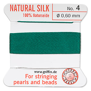 Thread, silk, green, size #4. Sold per 2-yard card.