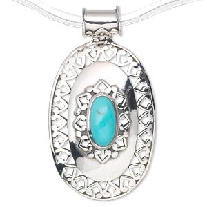 Pendant, sterling silver and turquoise (stabilized), 12x6mm oval ...