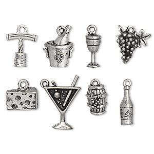 Charm set, antiqued pewter (tin-based alloy), 14x5mm-20.5x15.5mm wine theme. Sold per 8-piece set.
