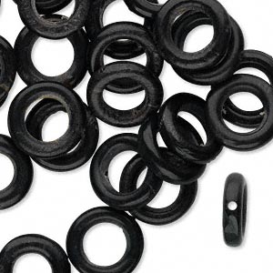 Bead, horn (dyed), black, 12mm hand-cut ring. Sold per pkg of 25.
