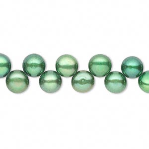 Pearl, cultured freshwater (dyed), forest green, 7x4mm-9x6mm top-drilled puffed flat round, C grade, Mohs hardness 2-1/2 to 4. Sold per 15-inch strand.
