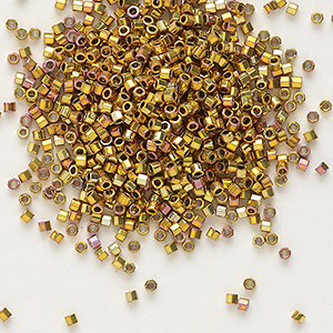 Seed bead, Delica&reg;, glass, opaque 24Kt gold-plated iris, (DBC0501), #11 cut. Sold per 4-gram pkg.