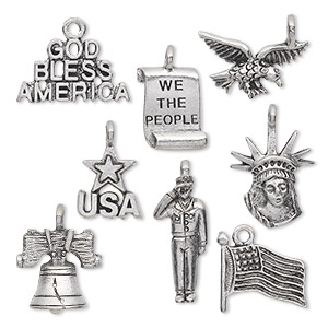 Charm set, antiqued pewter (tin-based alloy), 14.5x9mm-23.5x18.5mm patriotic theme. Sold per 8-piece set.