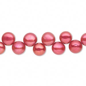 Pearl, cultured freshwater (dyed), scarlet, 6-9mm top-drilled puffed flat round, C grade, Mohs hardness 2-1/2 to 4. Sold per 15-inch strand.