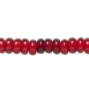 Bead, horn (dyed), red, 8x4mm hand-cut rondelle. Sold per 15-1/2&quot; to 16&quot; strand.