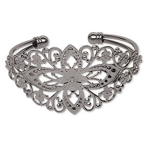Bracelet, cuff, gunmetal-plated brass, 35mm wide with filigree flower design, adjustable from 6-1/2 to 7 inches. Sold individually.