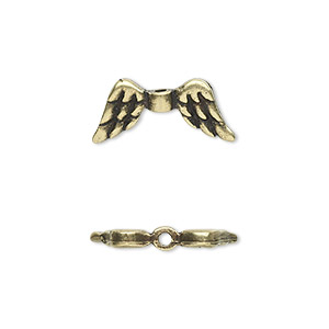 Bead, antique brass-plated pewter (tin-based alloy), 20x9mm double-sided angel wings. Sold per pkg of 2.