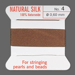 Thread, silk, brown, size #4. Sold per 2-meter card (approximately 78 inches).