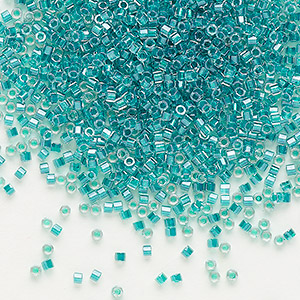 Seed bead, Delica&reg;, glass, translucent dark aqua-lined luster crystal clear, (DBC0918), #11 cut. Sold per 7.5-gram pkg.