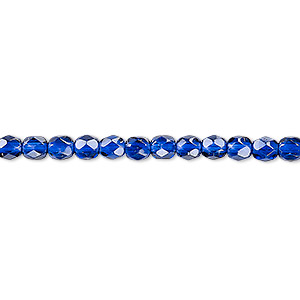 Bead, Czech fire-polished dipped décor glass, cobalt, 4mm faceted round ...