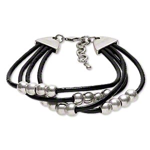 Bracelet, multi-strand, leather and pewter (tin-based alloy), black ...