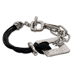 Bracelet, multi-strand, leather (dyed) / steel / pewter (tin-based alloy), black, 34x34mm square donut, 7 inches with square toggle clasp. Sold individually.