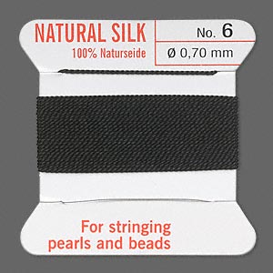 Thread, silk, black, size #6. Sold per 2-meter card (approximately 78 inches).