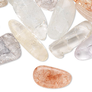 Bead mix, ice flake quartz (dyed / heated), mixed colors, medium to extra-large top-drilled / center-drilled / undrilled nugget, Mohs hardness 7. Sold per 250-gram pkg, approximately 85 beads.