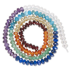 Bead, multi-gemstone (natural/dyed/heated), 4x2.5mm machine-cut faceted rondelle, C grade, Mohs hardness 5 to 7-1/2. Sold per 16-inch strand.