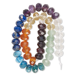 Bead, multi-gemstone (natural/dyed/heated), 6x4mm machine-cut faceted rondelle, C grade, Mohs hardness 5 to 7-1/2. Sold per 8-inch strand, approximately 45 beads.