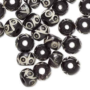 Bone, bone (dyed), white and black, 8x5mm-10x8mm drum, Mohs hardness 2-1/2. Sold per pkg of 32.