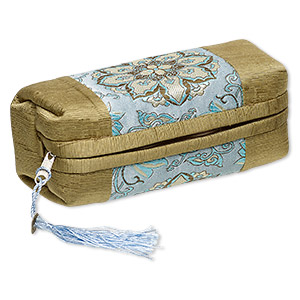 Pouch, polyester / nylon / brass-finished &quot;pewter&quot; (zinc-based alloy), green / blue / multicolored, 7 x 3 x 3-inch rectangle with flower design / coin replica / tassel, zipper closure. Sold individually.