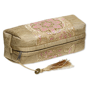 Pouch, polyester / nylon / brass-finished &quot;pewter&quot; (zinc-based alloy), khaki / tan / multicolored, 7 x 3 x 3-inch rectangle with flower design / coin replica / tassel, zipper closure. Sold individually.