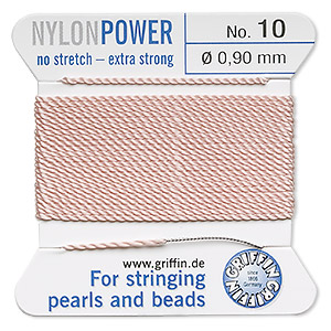 Thread, nylon, light pink, size #10. Sold per 2-meter card (approximately 78 inches).