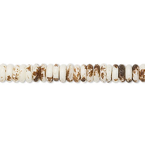 Bead, bone, white and beige, 5x2mm hand-painted rondelle, Mohs hardness 2-1/2. Sold per 15-1/2&quot; to 16&quot; strand.