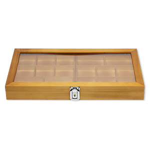Organizer, stained wood / acrylic / brass / imitation rhodium-finished steel, brown / black / clear, 14-3/4 x 8-1/4 x 1-3/4 inch hinged rectangle with 7 x 7-1/2 x 3/4 inch tray and 16 compartments with key lock. Sold individually.