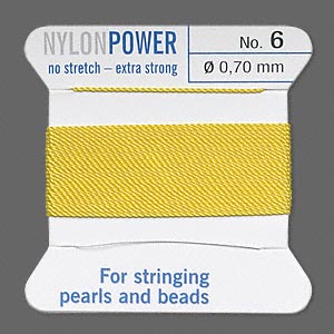 Griffin Nylon Bead Cord Perlseide Yellow Color Size 6 (0.70mm) 2 Meters per Card Stainless Steel Needle Attached for Knotting Pearls, Gemstones