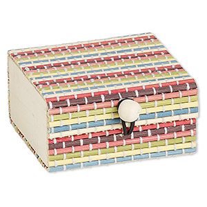 Box, bamboo (natural / dyed) and elastic, multicolored, 2-3/4 x 2-3/4 x 1-1/2 inch square with button closure. Sold individually.