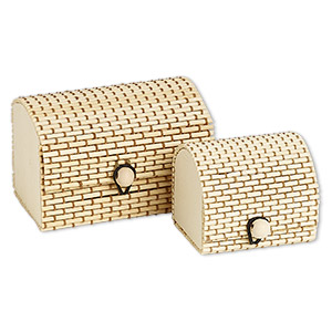 Box, bamboo (natural) and elastic, beige / dark brown / black, 3-1/2 x 2-1/4 x 2-1/4 inch and 2-1/2 x 2 x 2-inch rectangle with rounded top and button closure. Sold per 2-piece set.