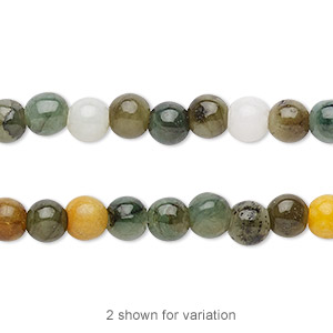 Bead, jadeite (natural / dyed), multicolored, 6mm round with 0.5-1.5mm hole, C grade, Mohs hardness 6-1/2 to 7. Sold per 16-inch strand.