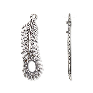 Drop, JBB Findings, antiqued sterling silver, 28.5x14mm single-sided feather with 6x4mm 4-prong oval setting. Sold individually.