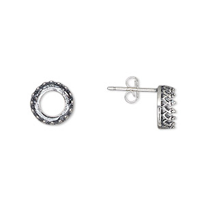 Earstud, JBB Findings, antiqued sterling silver, 9mm round with SS39 rivoli bezel setting. Sold per pair.