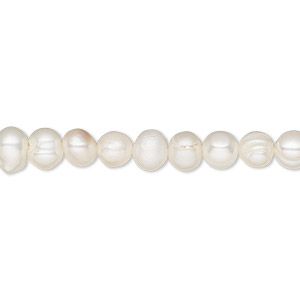 Pearl, cultured freshwater (bleached), white, 5-6mm semi-round, D grade, Mohs hardness 2-1/2 to 4. Sold per 16-inch strand.