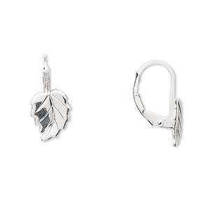 Ear wire, sterling silver, 17mm leverback with 10x8mm leaf. Sold per pair.