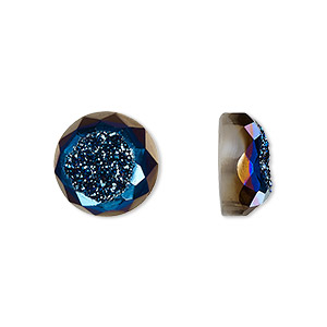Cabochon, druzy agate (coated), blue, 12mm hand-cut loosely calibrated faceted round, B grade, Mohs hardness 7. Sold individually.